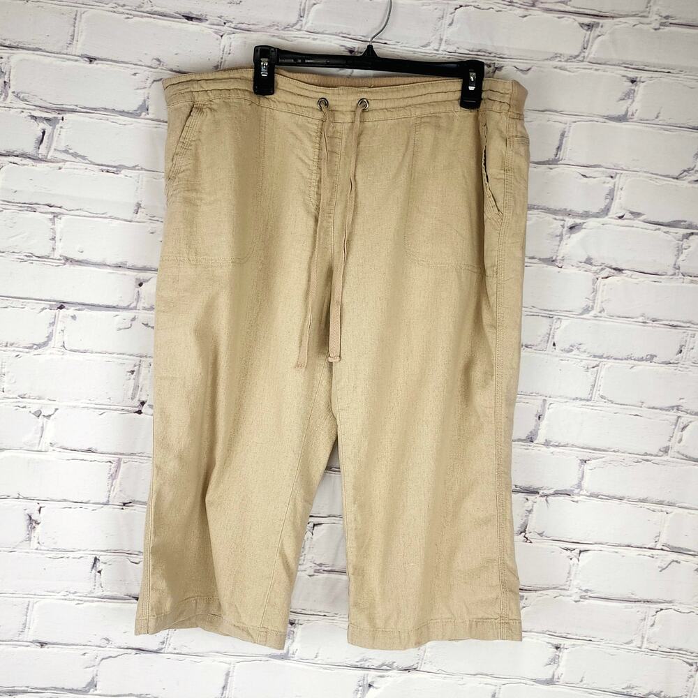Per Se Capris Womens Beige Linen Pants Drawstring Pull On